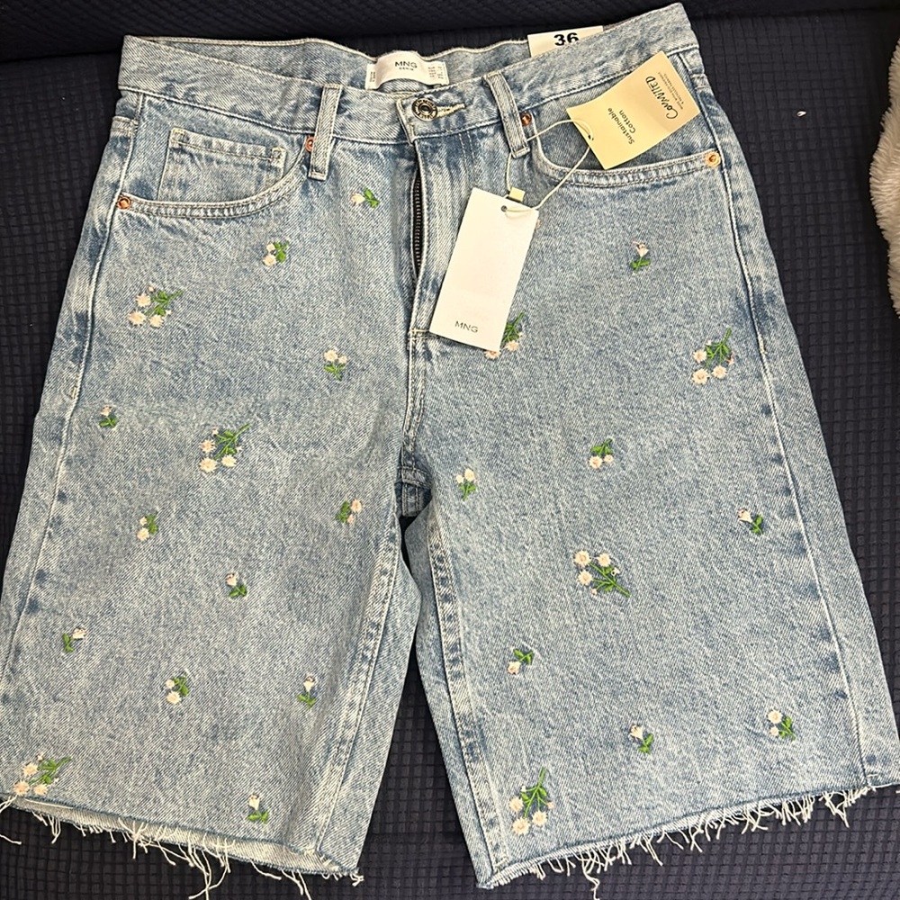Mango Light Wash Denim Bermuda Shorts with Embroidered White & Green Flowers
